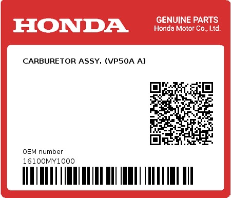Product image: Honda - 16100MY1000 - CARBURETOR ASSY. (VP50A A)  0