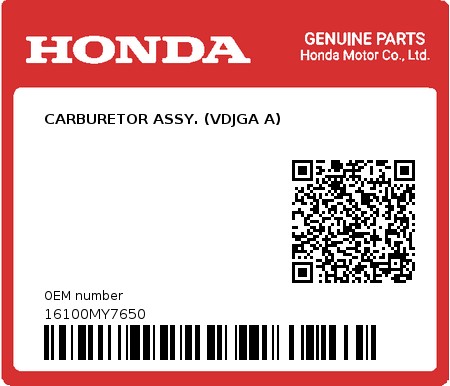 Product image: Honda - 16100MY7650 - CARBURETOR ASSY. (VDJGA A)  0