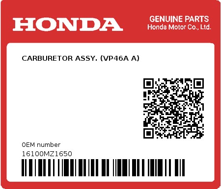 Product image: Honda - 16100MZ1650 - CARBURETOR ASSY. (VP46A A)  0