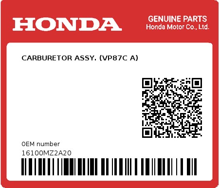 Product image: Honda - 16100MZ2A20 - CARBURETOR ASSY. (VP87C A)  0