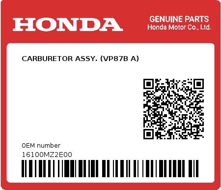 Product image: Honda - 16100MZ2E00 - CARBURETOR ASSY. (VP87B A)  0
