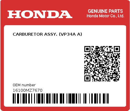 Product image: Honda - 16100MZ7670 - CARBURETOR ASSY. (VP34A A)  0