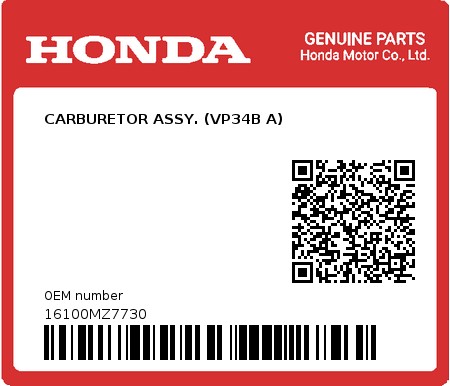 Product image: Honda - 16100MZ7730 - CARBURETOR ASSY. (VP34B A)  0