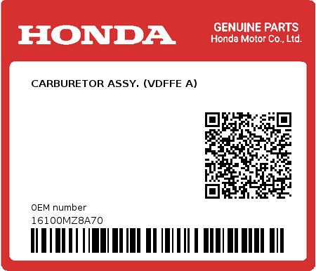 Product image: Honda - 16100MZ8A70 - CARBURETOR ASSY. (VDFFE A)  0