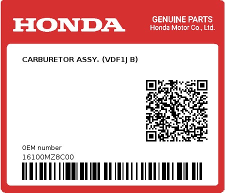 Product image: Honda - 16100MZ8C00 - CARBURETOR ASSY. (VDF1J B)  0