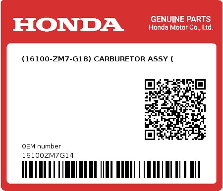 Product image: Honda - 16100ZM7G14 - (16100-ZM7-G18) CARBURETOR ASSY (  0