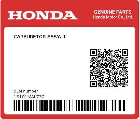 Product image: Honda - 16101MAL730 - CARBURETOR ASSY. 1  0