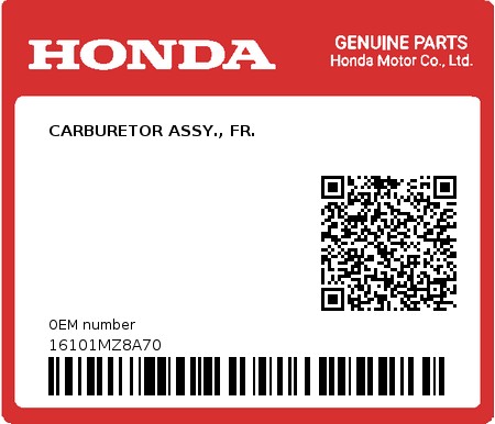 Product image: Honda - 16101MZ8A70 - CARBURETOR ASSY., FR.  0