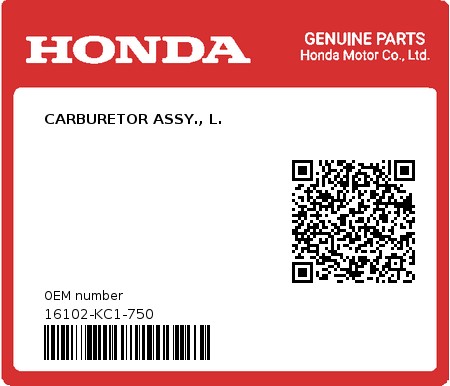 Product image: Honda - 16102-KC1-750 - CARBURETOR ASSY., L.  0