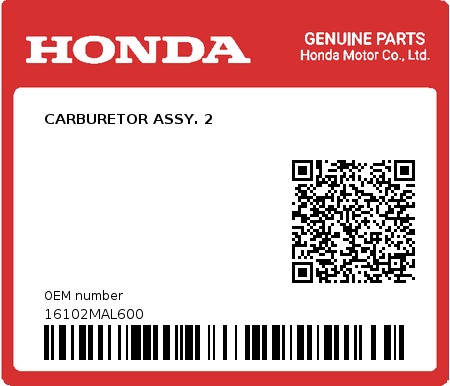 Product image: Honda - 16102MAL600 - CARBURETOR ASSY. 2  0