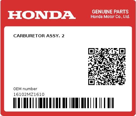 Product image: Honda - 16102MZ1610 - CARBURETOR ASSY. 2  0