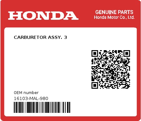 Product image: Honda - 16103-MAL-980 - CARBURETOR ASSY. 3  0
