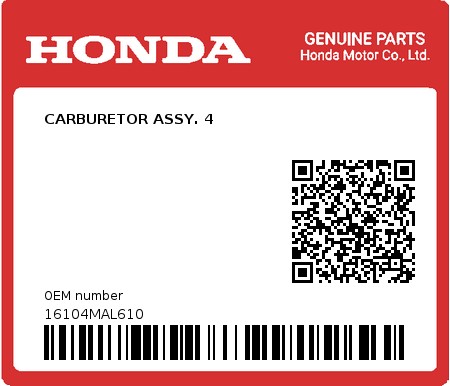 Product image: Honda - 16104MAL610 - CARBURETOR ASSY. 4  0
