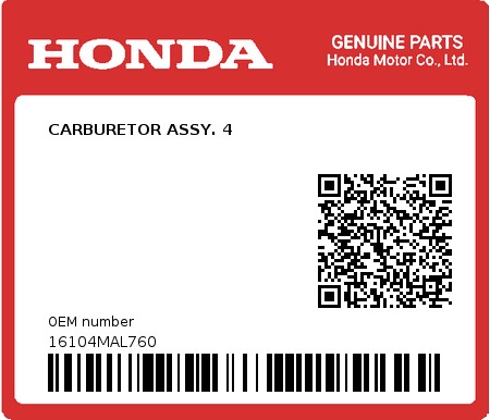 Product image: Honda - 16104MAL760 - CARBURETOR ASSY. 4  0