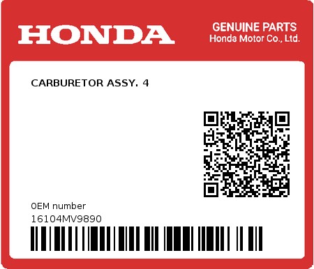 Product image: Honda - 16104MV9890 - CARBURETOR ASSY. 4  0