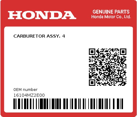 Product image: Honda - 16104MZ2E00 - CARBURETOR ASSY. 4  0