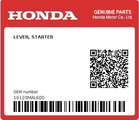 Product image: Honda - 16120MAL600 - LEVER, STARTER  0