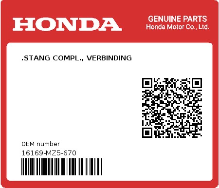 Product image: Honda - 16169-MZ5-670 - .STANG COMPL., VERBINDING  0