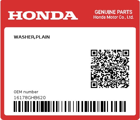 Product image: Honda - 16178GHB620 - WASHER,PLAIN  0