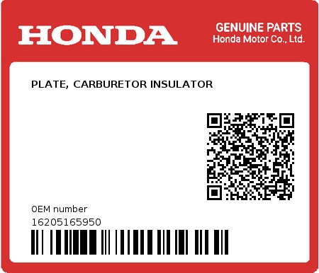 Product image: Honda - 16205165950 - PLATE, CARBURETOR INSULATOR  0