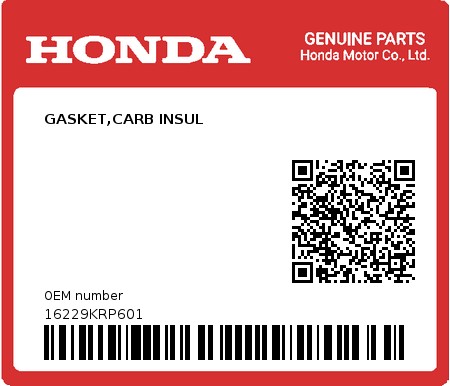 Product image: Honda - 16229KRP601 - GASKET,CARB INSUL  0