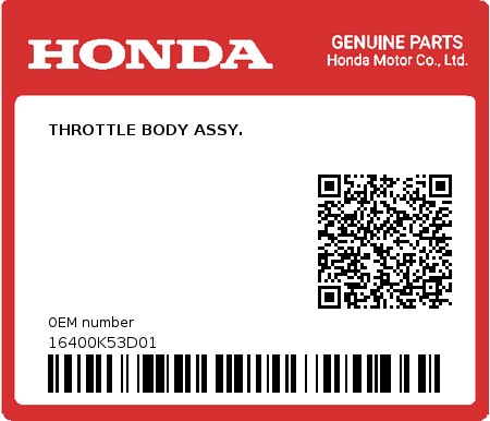 Product image: Honda - 16400K53D01 - THROTTLE BODY ASSY.  0