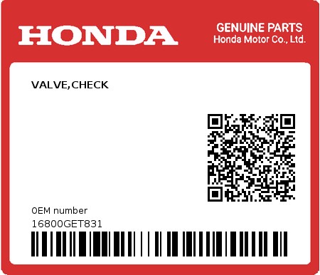 Product image: Honda - 16800GET831 - VALVE,CHECK  0