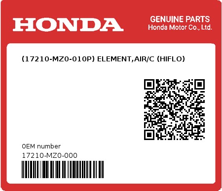 Product image: Honda - 17210-MZ0-000 - (17210-MZ0-010P) ELEMENT,AIR/C (HIFLO)  0
