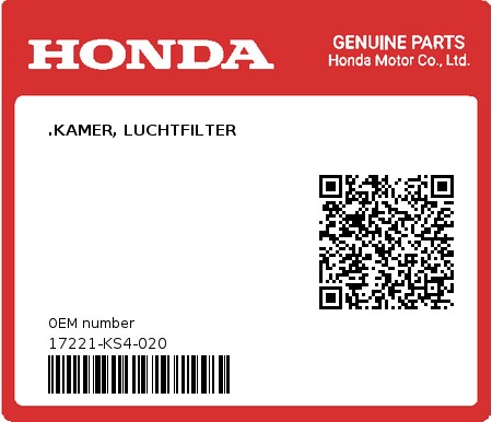 Product image: Honda - 17221-KS4-020 - .KAMER, LUCHTFILTER  0