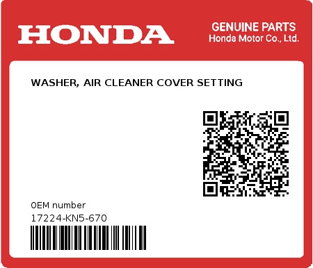 Product image: Honda - 17224-KN5-670 - WASHER, AIR CLEANER COVER SETTING 