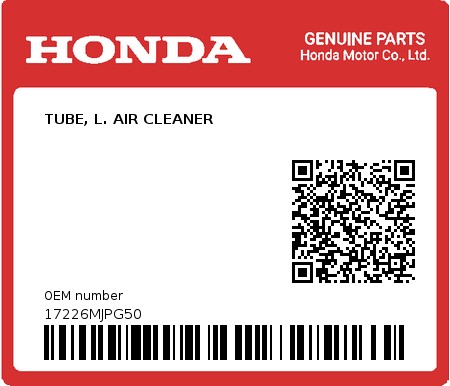Product image: Honda - 17226MJPG50 - TUBE, L. AIR CLEANER  0