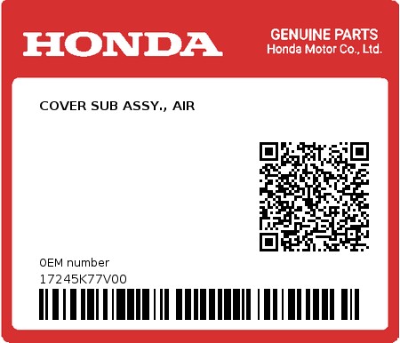 Product image: Honda - 17245K77V00 - COVER SUB ASSY., AIR 