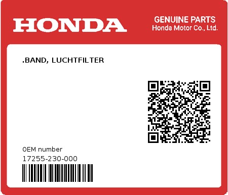 Product image: Honda - 17255-230-000 - .BAND, LUCHTFILTER 