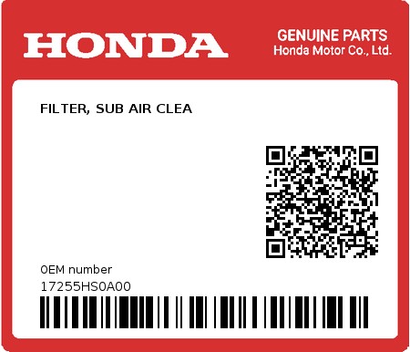 Product image: Honda - 17255HS0A00 - FILTER, SUB AIR CLEA 