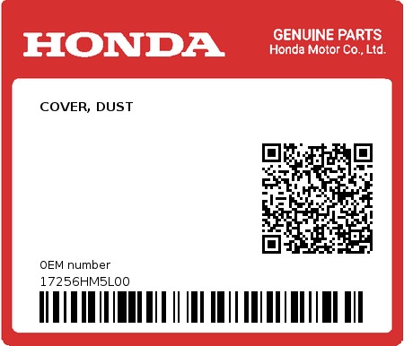 Product image: Honda - 17256HM5L00 - COVER, DUST 