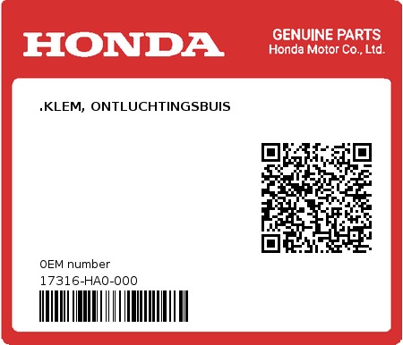 Product image: Honda - 17316-HA0-000 - .KLEM, ONTLUCHTINGSBUIS 