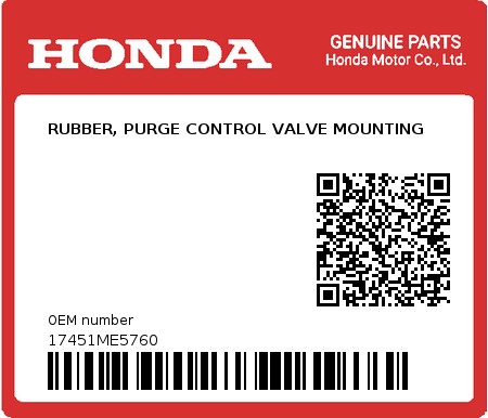 Product image: Honda - 17451ME5760 - RUBBER, PURGE CONTROL VALVE MOUNTING 