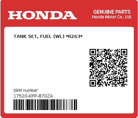 Product image: Honda - 17520-KPP-870ZA - TANK SET, FUEL (WL) *R263* 