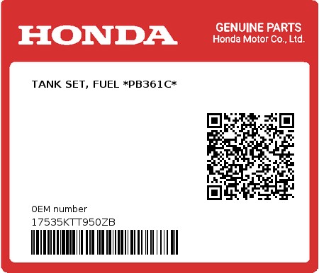 Product image: Honda - 17535KTT950ZB - TANK SET, FUEL *PB361C*  0
