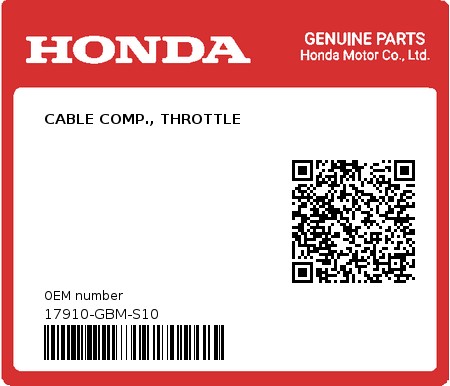 Product image: Honda - 17910-GBM-S10 - CABLE COMP., THROTTLE 