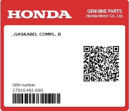 Product image: Honda - 17920-MJ1-690 - .GASKABEL COMPL. B  0