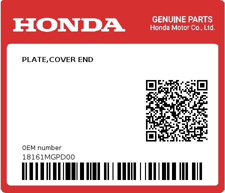 Product image: Honda - 18161MGPD00 - PLATE,COVER END 