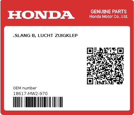 Product image: Honda - 18617-MW2-970 - .SLANG B, LUCHT ZUIGKLEP 