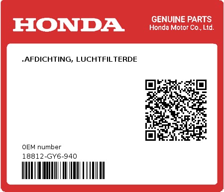 Product image: Honda - 18812-GY6-940 - .AFDICHTING, LUCHTFILTERDE  0