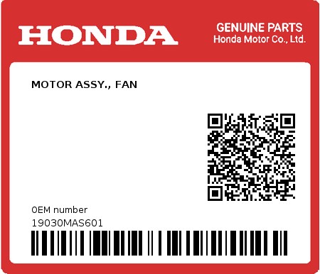 Product image: Honda - 19030MAS601 - MOTOR ASSY., FAN  0