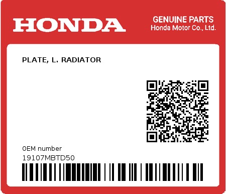 Product image: Honda - 19107MBTD50 - PLATE, L. RADIATOR  0