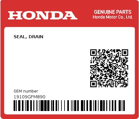 Product image: Honda - 19109GFM890 - SEAL, DRAIN 