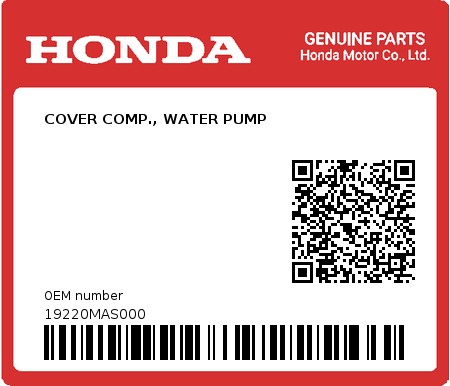 Product image: Honda - 19220MAS000 - COVER COMP., WATER PUMP 