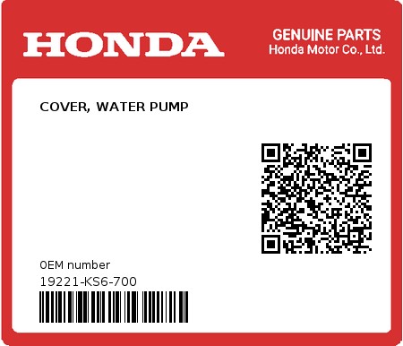 Product image: Honda - 19221-KS6-700 - COVER, WATER PUMP 