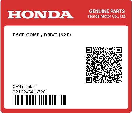 Product image: Honda - 22102-GAH-720 - FACE COMP., DRIVE (62T)  0